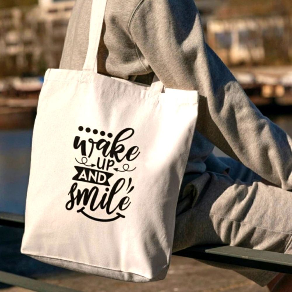 Shopping Tote Bag Wake Up and Smile White and Black Handmade